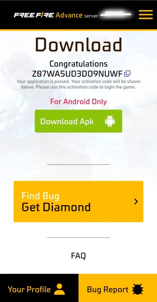 free fire advance server activation code