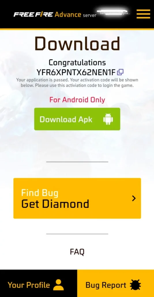 free fire advance server activation code