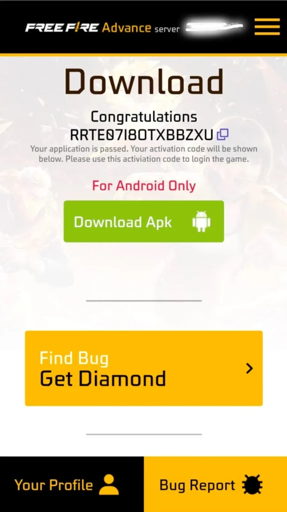 free fire advance server ob55 activation code